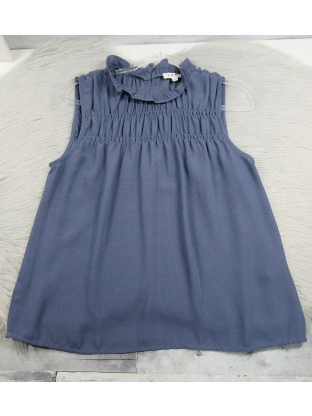 THML Blue Ruffle Mock Neck Sleeveless Top Smocked Bodice Coquette Large